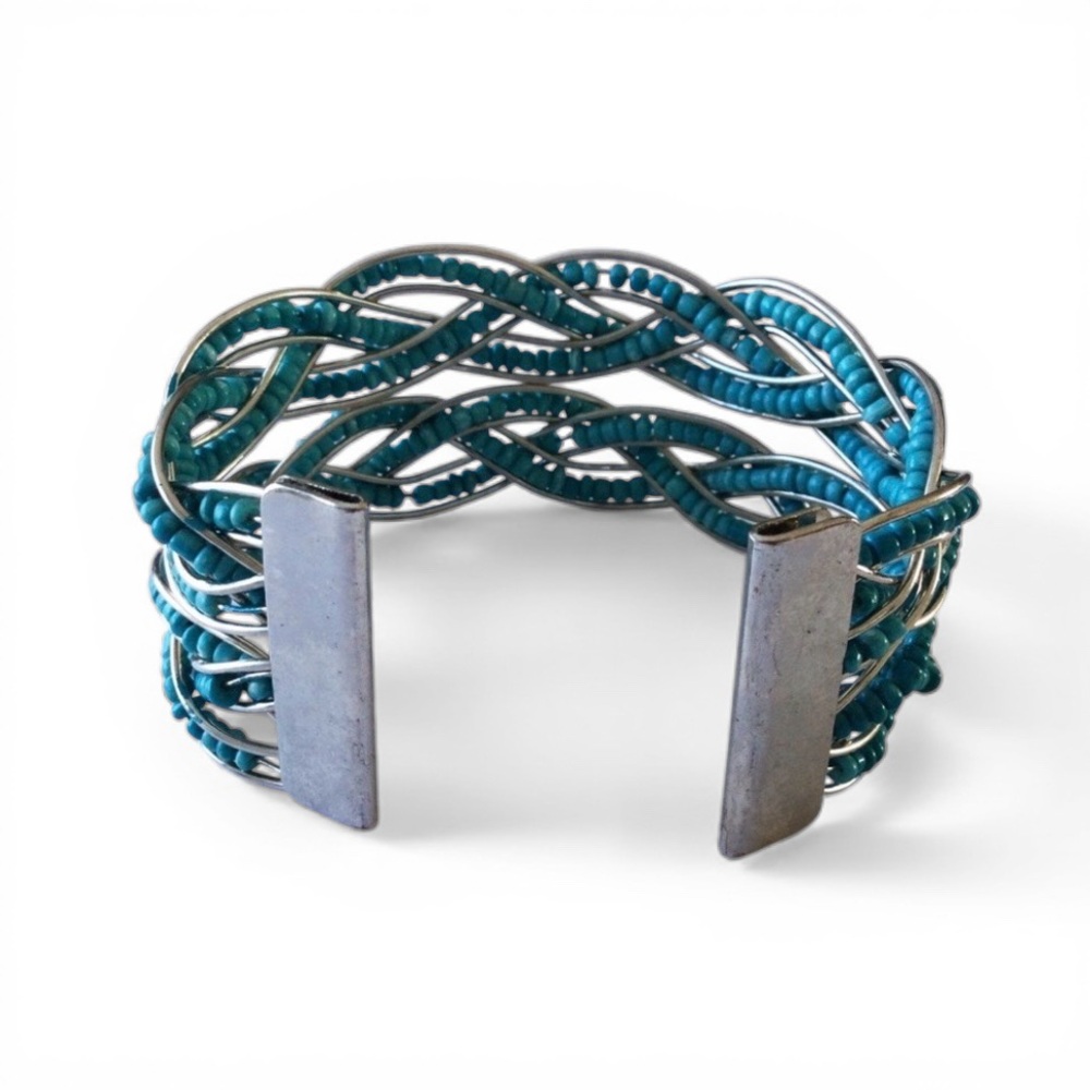 Braided Seed Bead Cuff Bracelet- Teal & Silver - Picture 7 of 12
